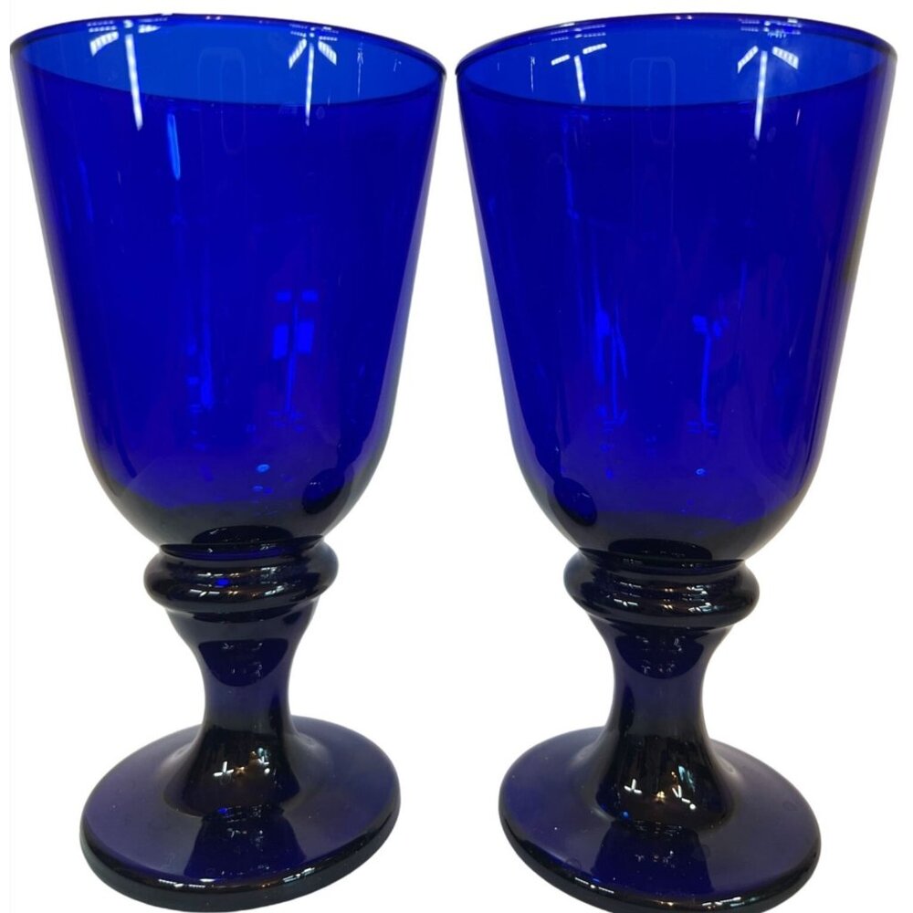 Vtg Cobalt Blue Goblets Solid Pedestal‎ Stem Set of Two 12 oz each